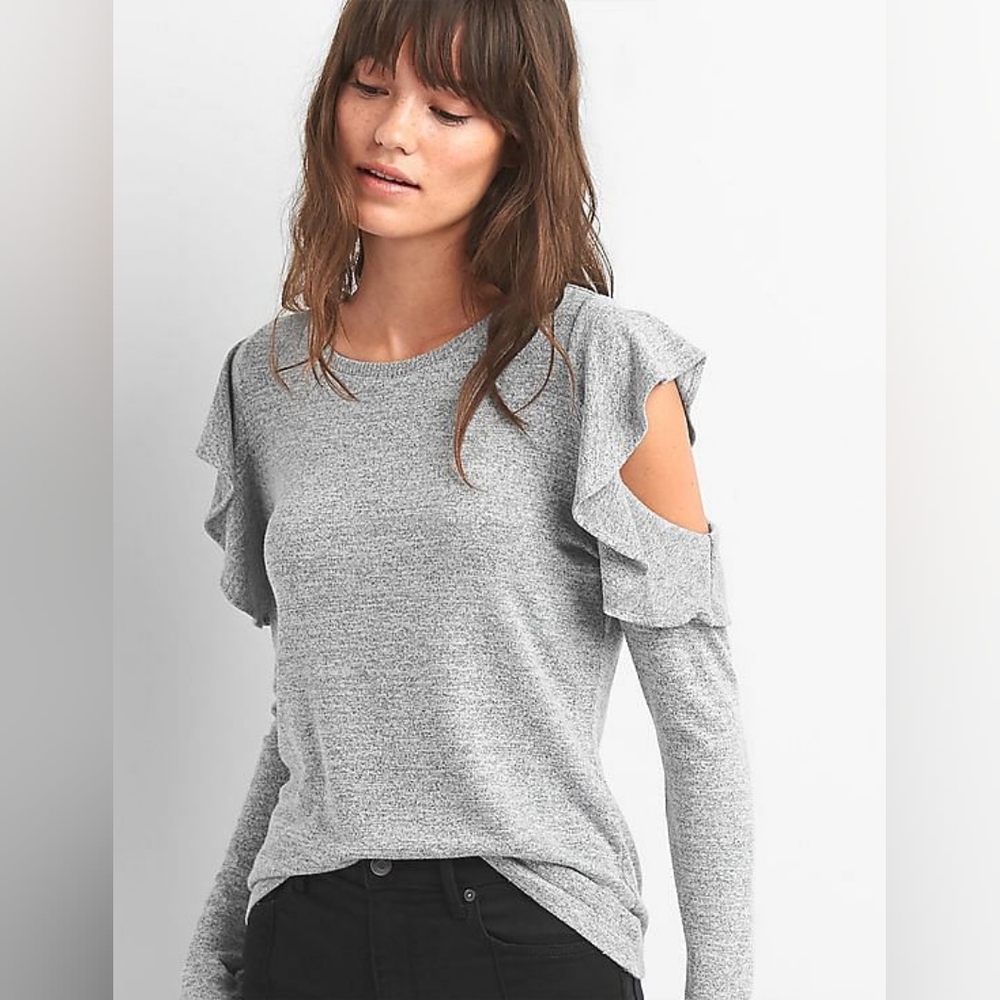 Gap Softspun Ruffled Cold Shoulder Knit Top Womens Size Medium Marled Gray